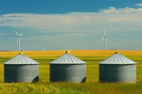 Canada, Somerset Wind turbines and grain bins